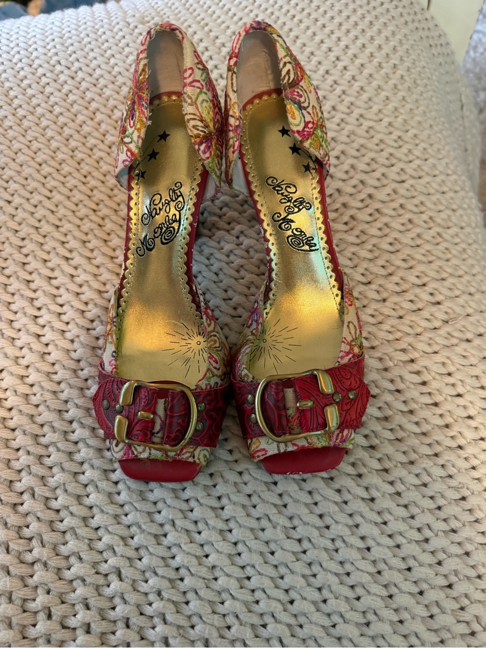 naughty monkey Red Floral Peep-Toe Heels with Buckle Accent